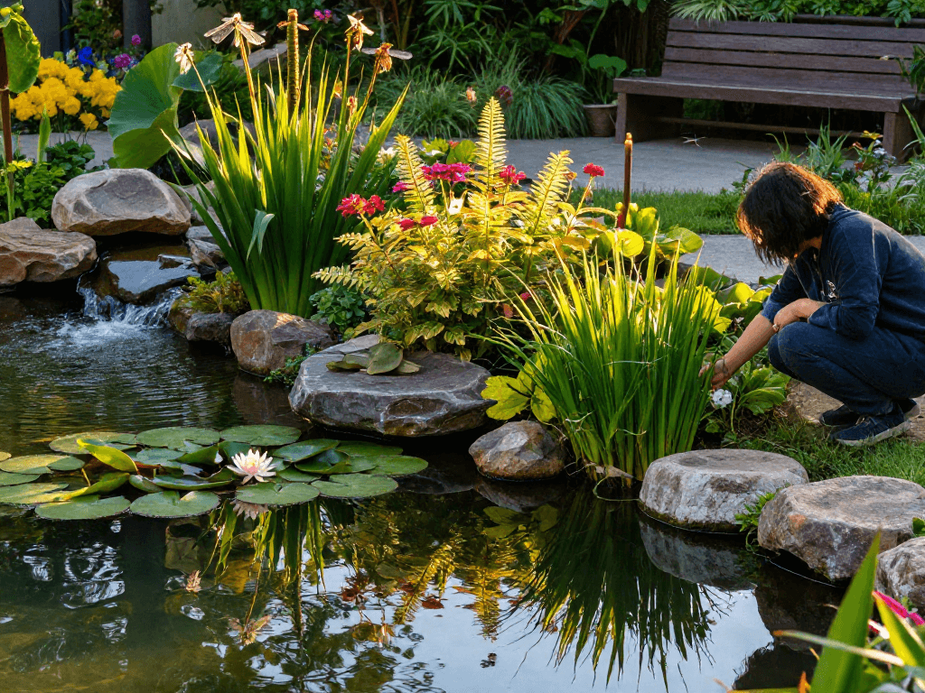 Pond Plants including water lilies and cattails being tended to by a gardener in a serene pond setting, illuminated by warm golden hour light.