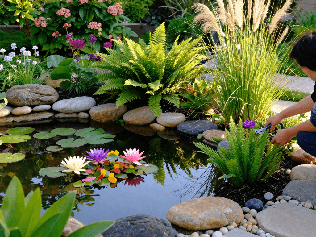 Pond plants flourishing in a tranquil garden pond, featuring vibrant water lilies and lush greenery, as a gardener trims foliage.
