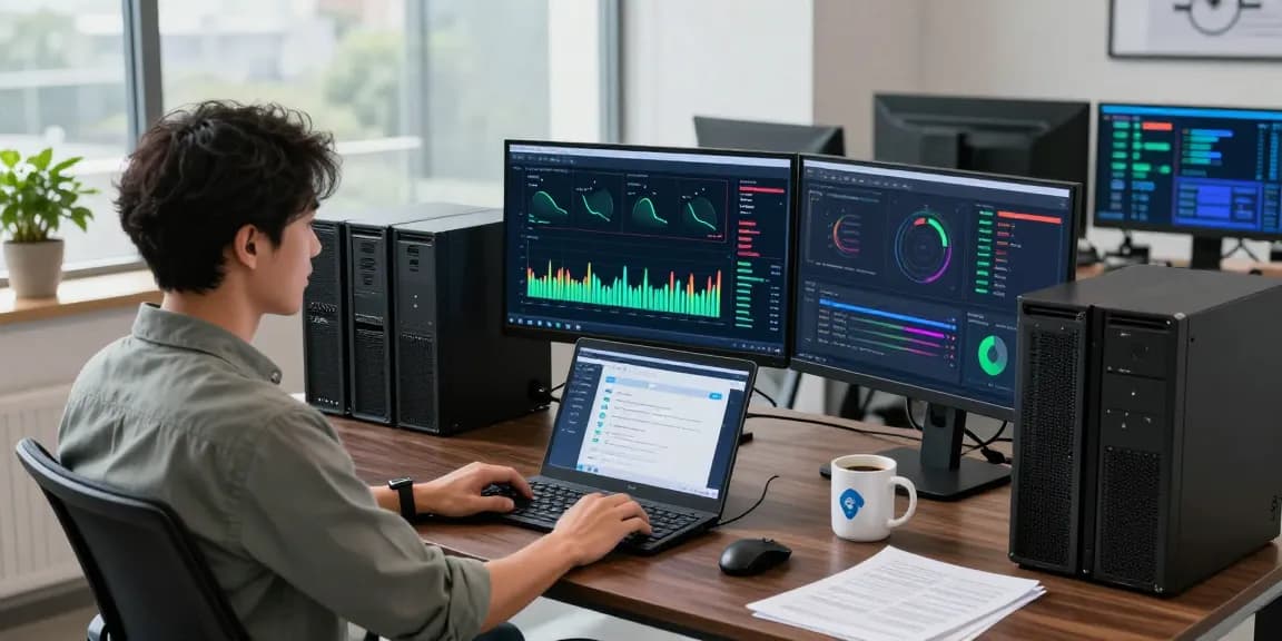 Focused IT administrator optimizing servidores VPS in a modern workspace filled with tech.