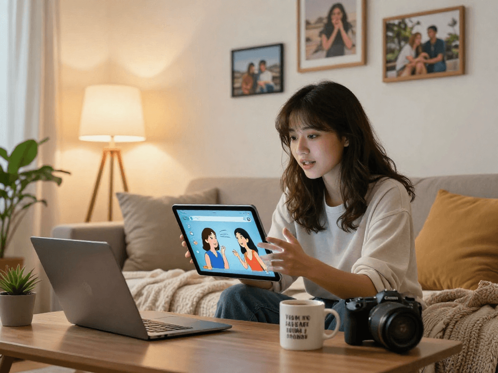 Engaging with girlfriend AI on a tablet in a cozy apartment.