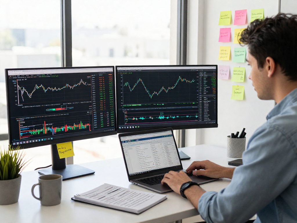 Trader utilizing TradingView in a professional workspace, analyzing market data and charts.