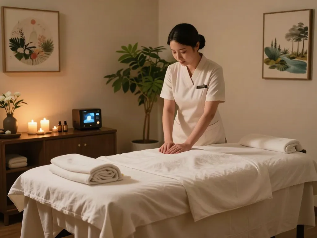 Relaxing 동탄출장마사지 setup with soft linens, essential oils, and a professional therapist ready to provide treatment.