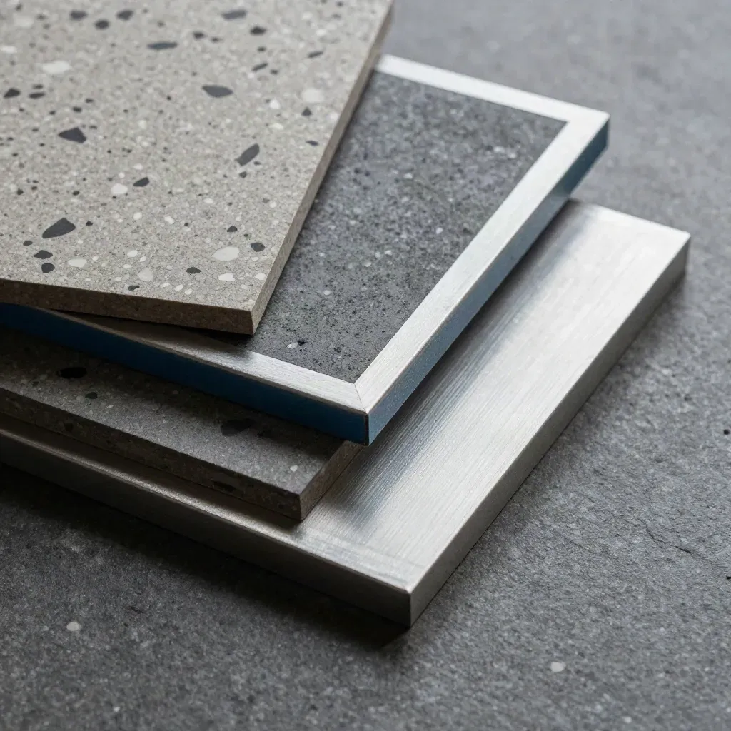 Terrazzo chips, aluminum corner samples, and graphite block on brushed stone, overhead
