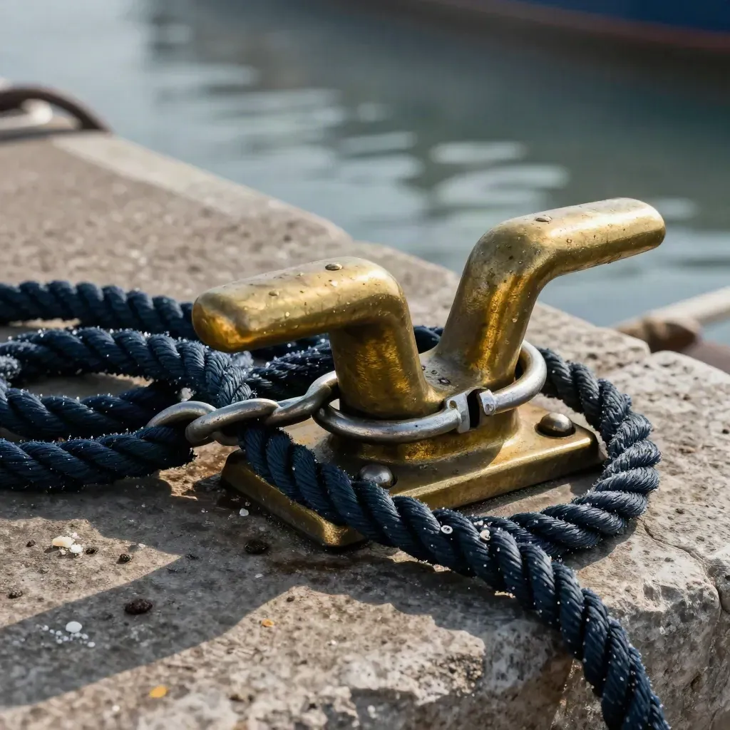 Brass cleat, chain shackle, and coiled navy rope on salt-stained stone in warm light.