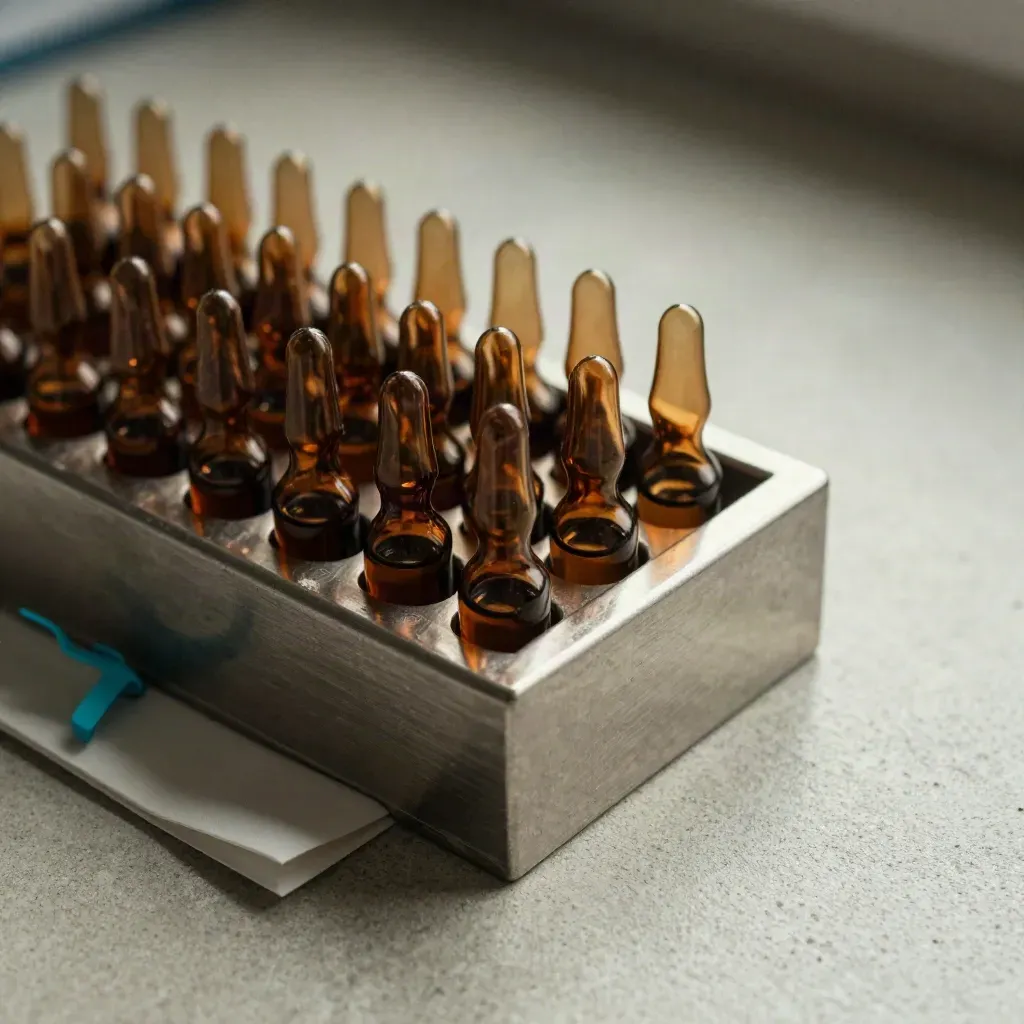 Biotech ampoules in a steel rack on pale concrete, lit in cool macro detail.