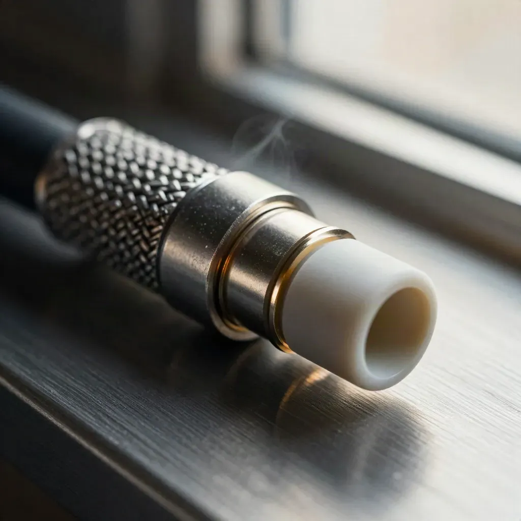 Satellite connector, braided ferrule and ceramic spacer on brushed metal in dramatic macro light.