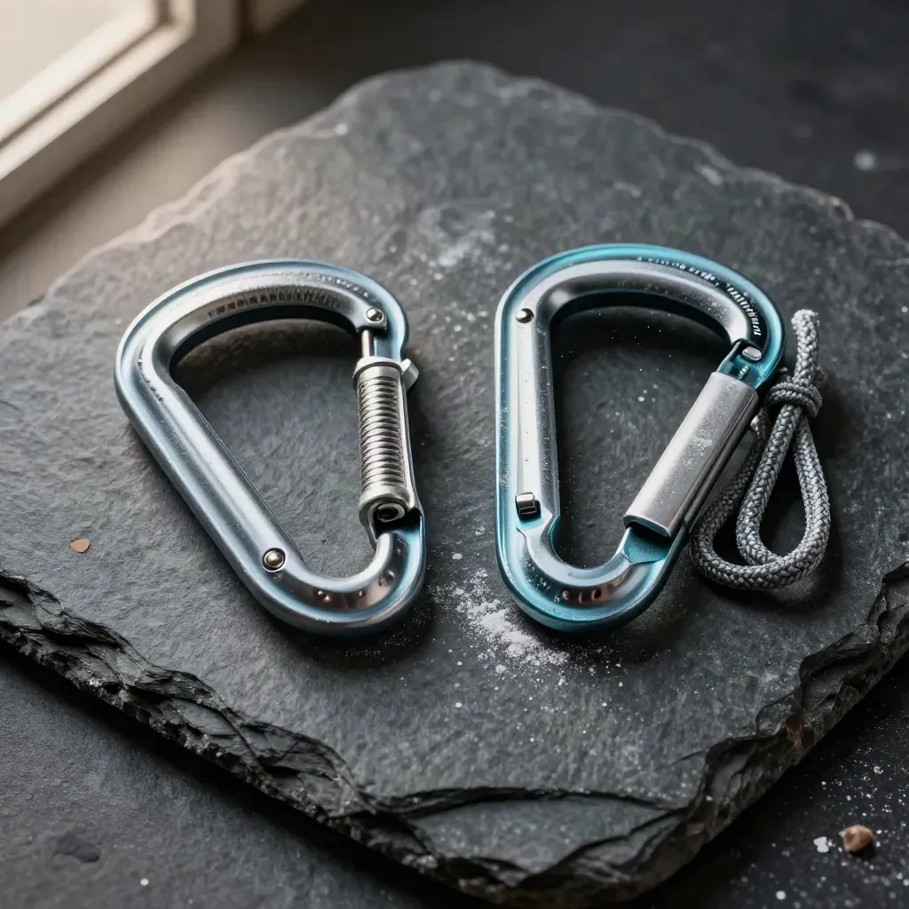 Top-down climbing gear still life: open carabiner, chalked cams, and alpine cord on slate.
