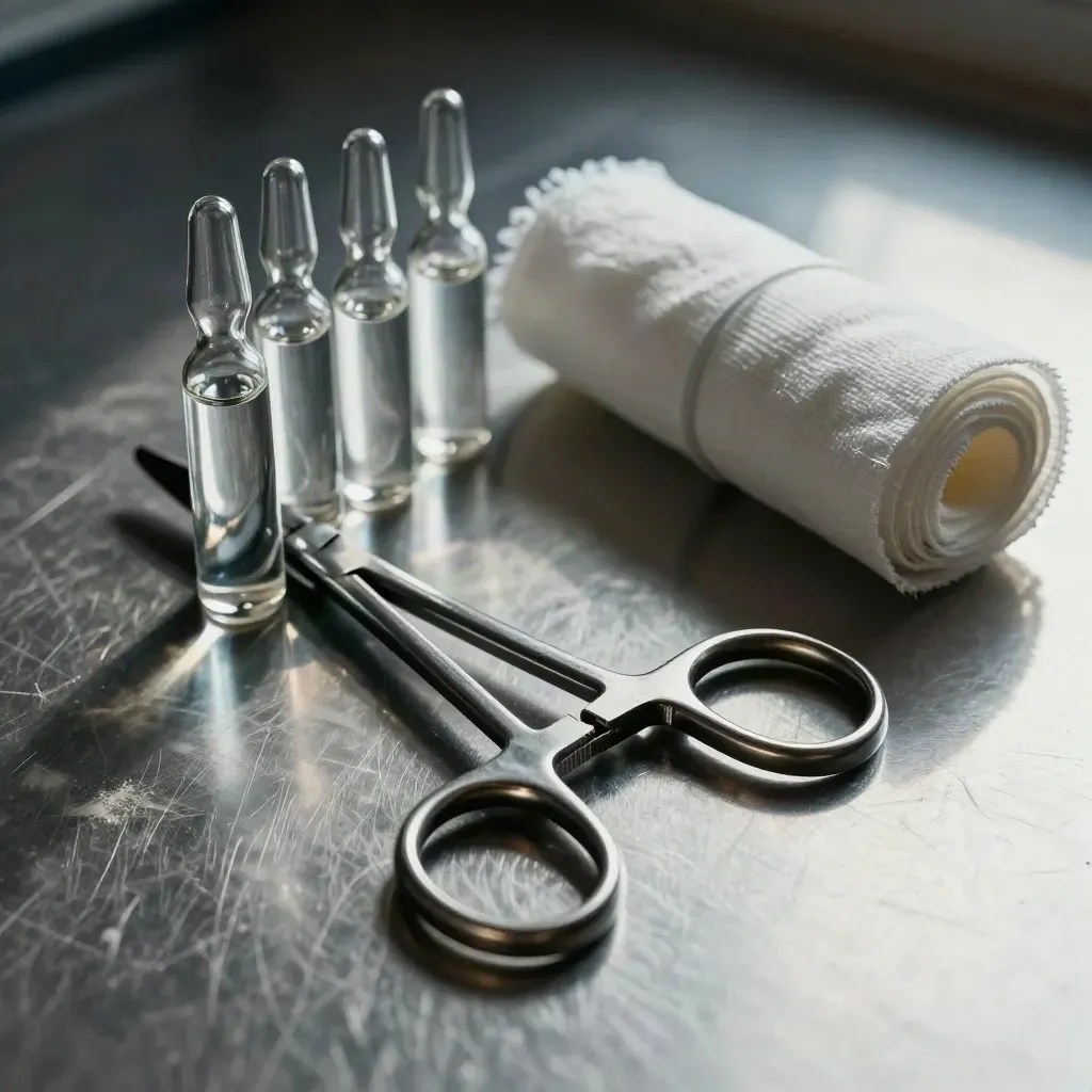 Surgical clamps and ampoules on brushed steel with gauze, lit in a dramatic medical still life.