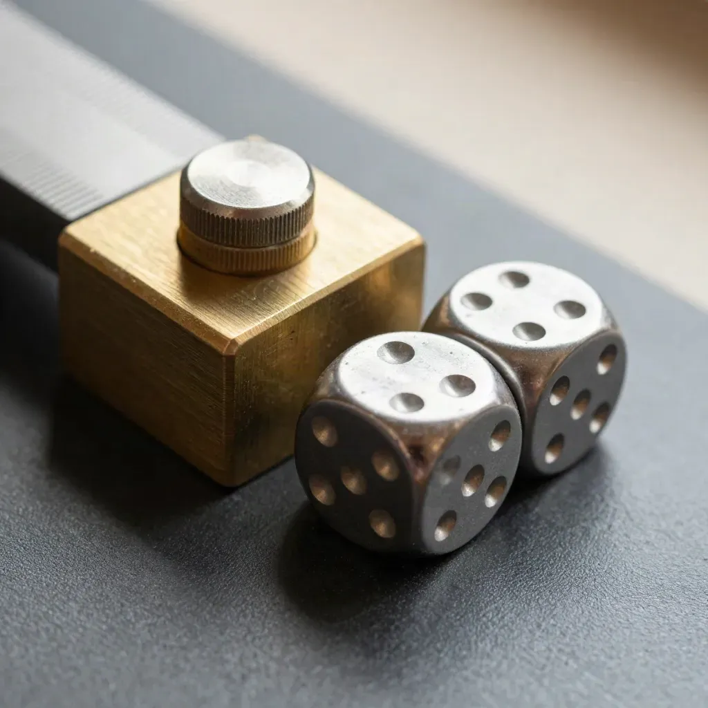 Macro still life of polished dice, brass stop block, and calibration weight on graphite.