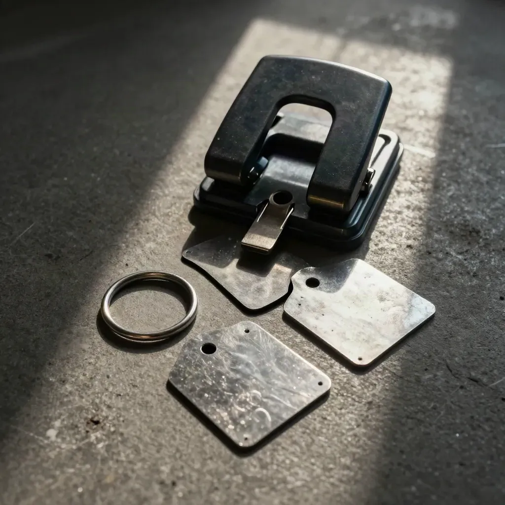 Top-down macro of punched steel identity blanks, a split ring and hole-punch jig on dark concrete.
