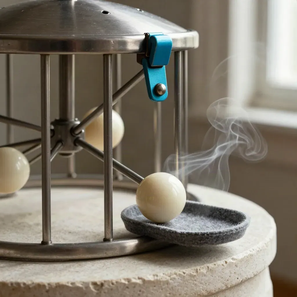 Brushed raffle drum with ivory balls dropping into a felt tray on pale stone.