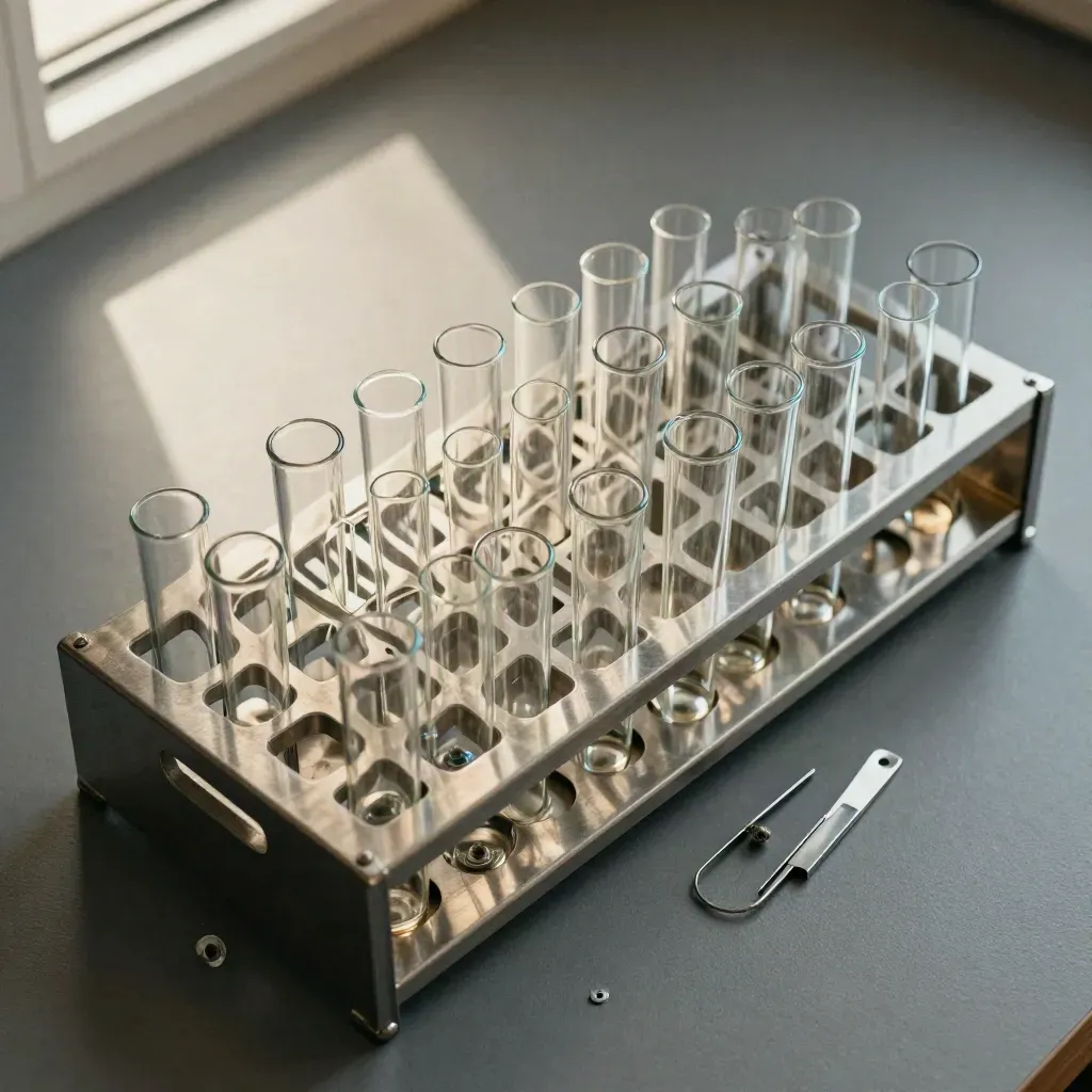 Overhead rack of glass vials and sample tubes on brushed metal, with cool mist and soft blue reflections
