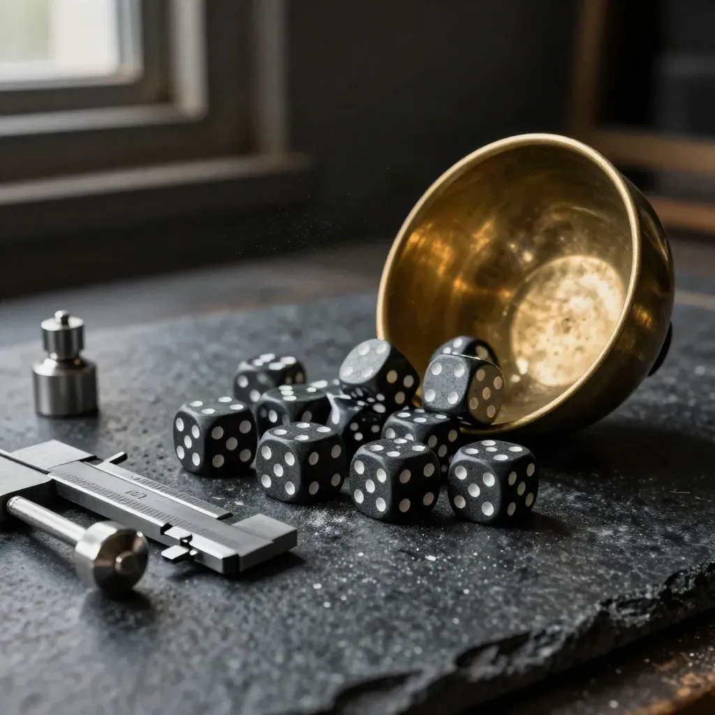 Matte dice, calibration weights, and a brass bowl on black stone, lit dramatically from one side.