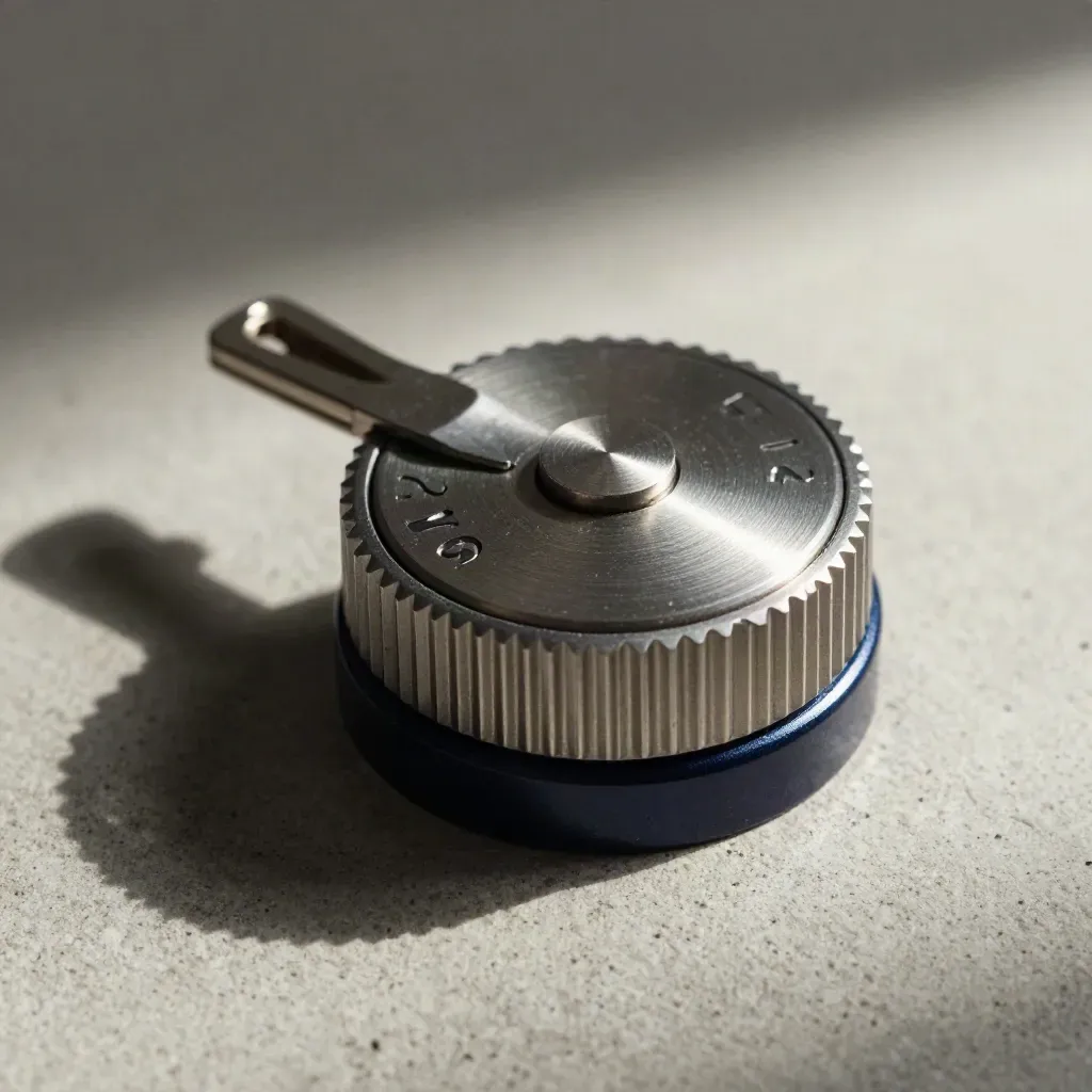 Seed dial, locking ring, and collars on concrete in a dramatic macro still life.