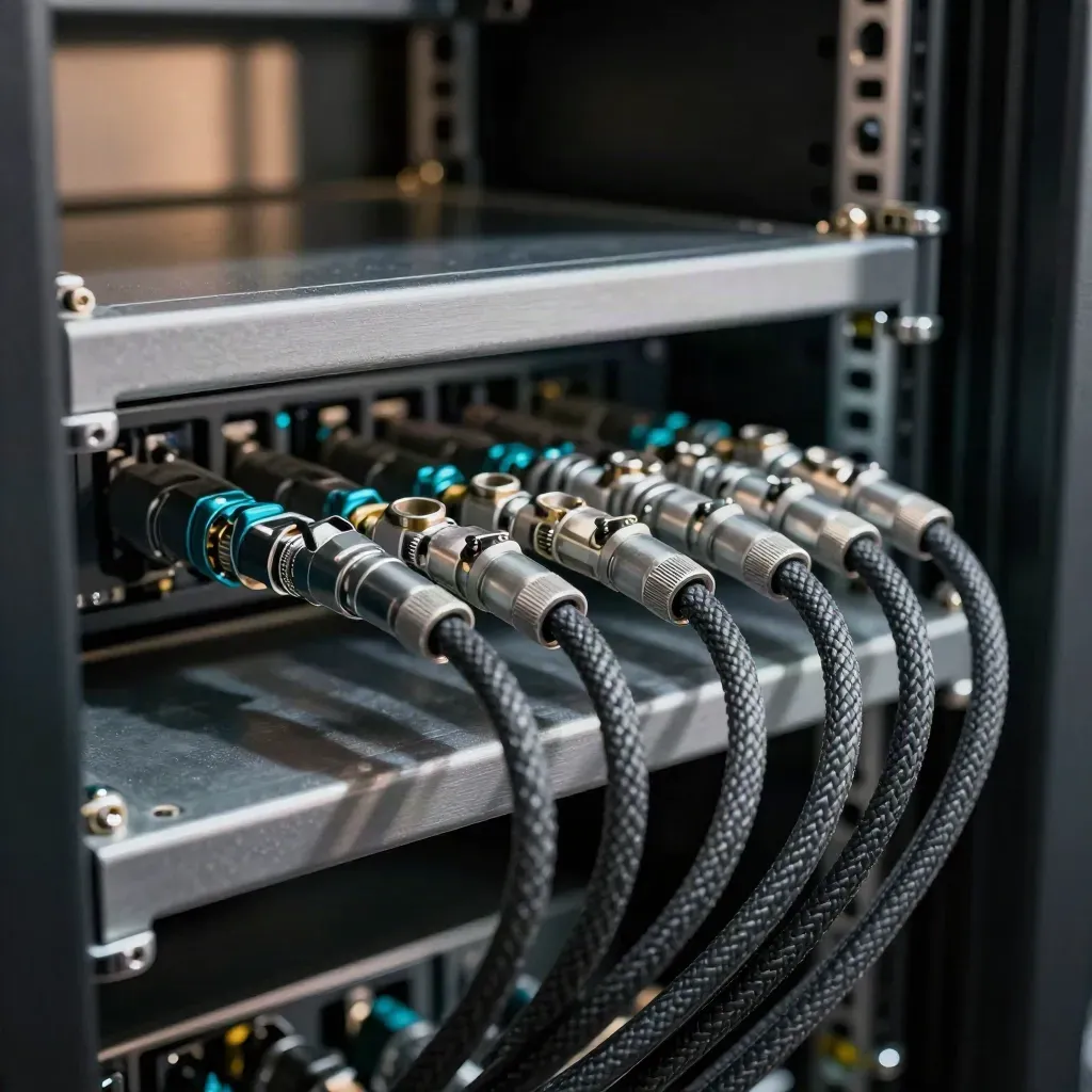 Braided patch leads and rack rails on a brushed metal shelf in a dark server bay.