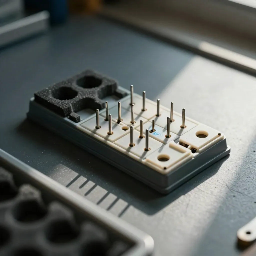 Macro of a pogo-pin test fixture with device shells and foam blocks on a dark bench mat.