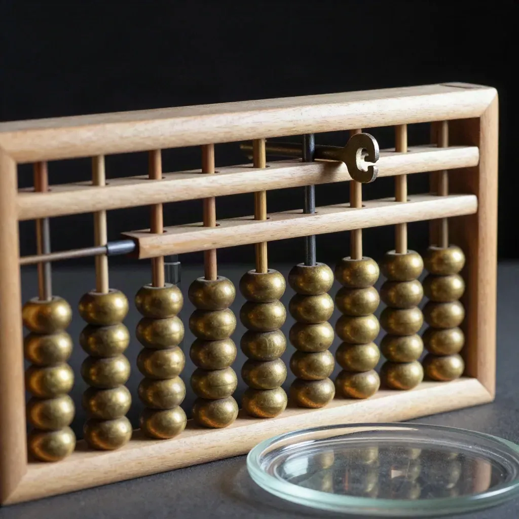 Brass abacus, counters and sample vials on pale wood, seen through a soft glass edge