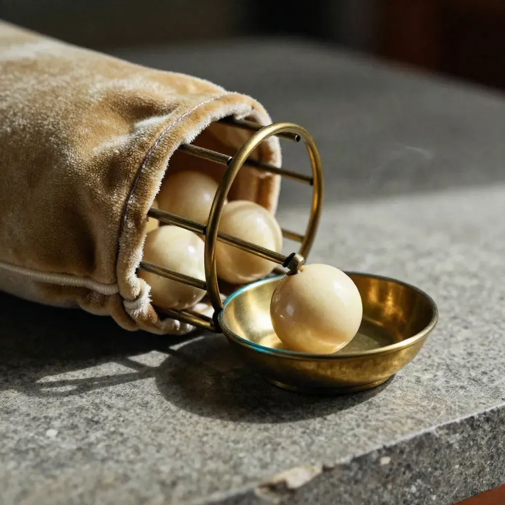 Brass raffle drum releasing one ivory ball into a stone tray beside a khaki velvet pouch