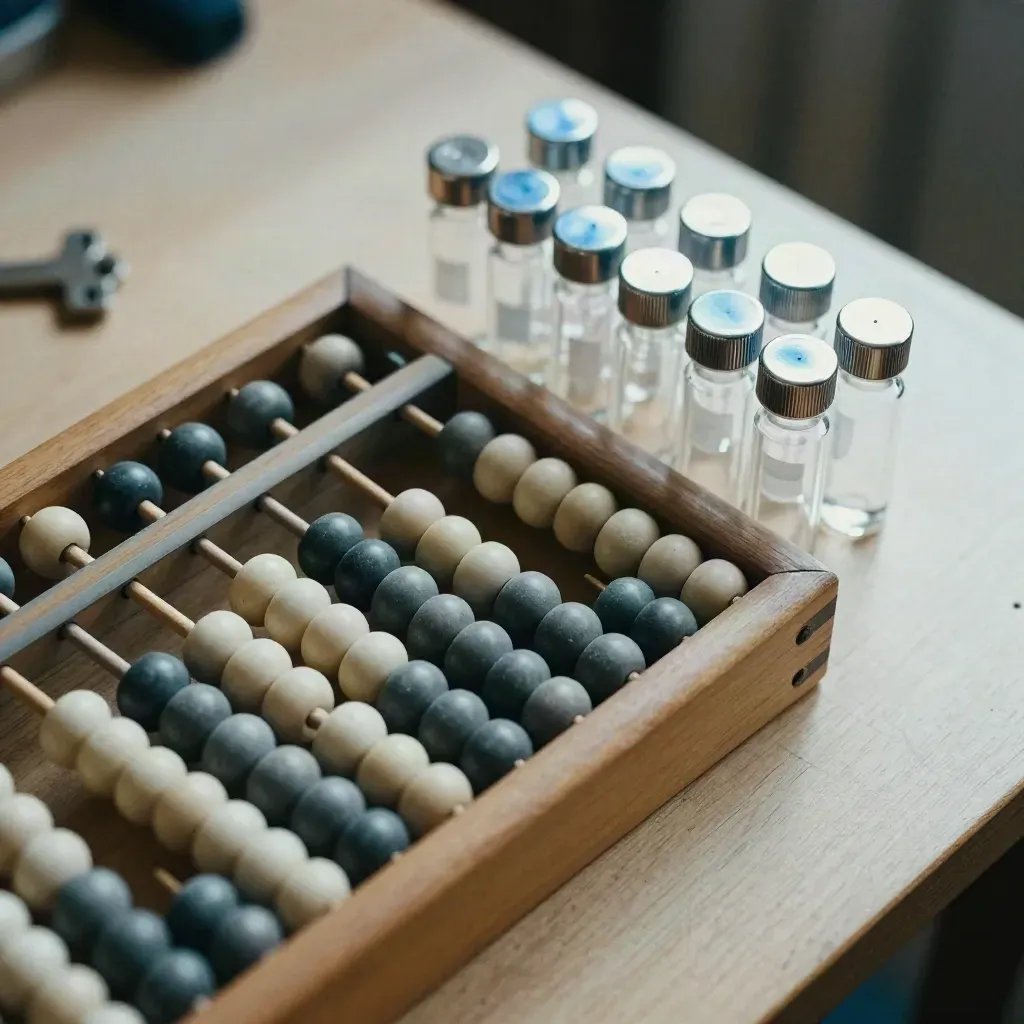 Top-down still life of an abacus, sample vials, and counting beads on pale wood.
