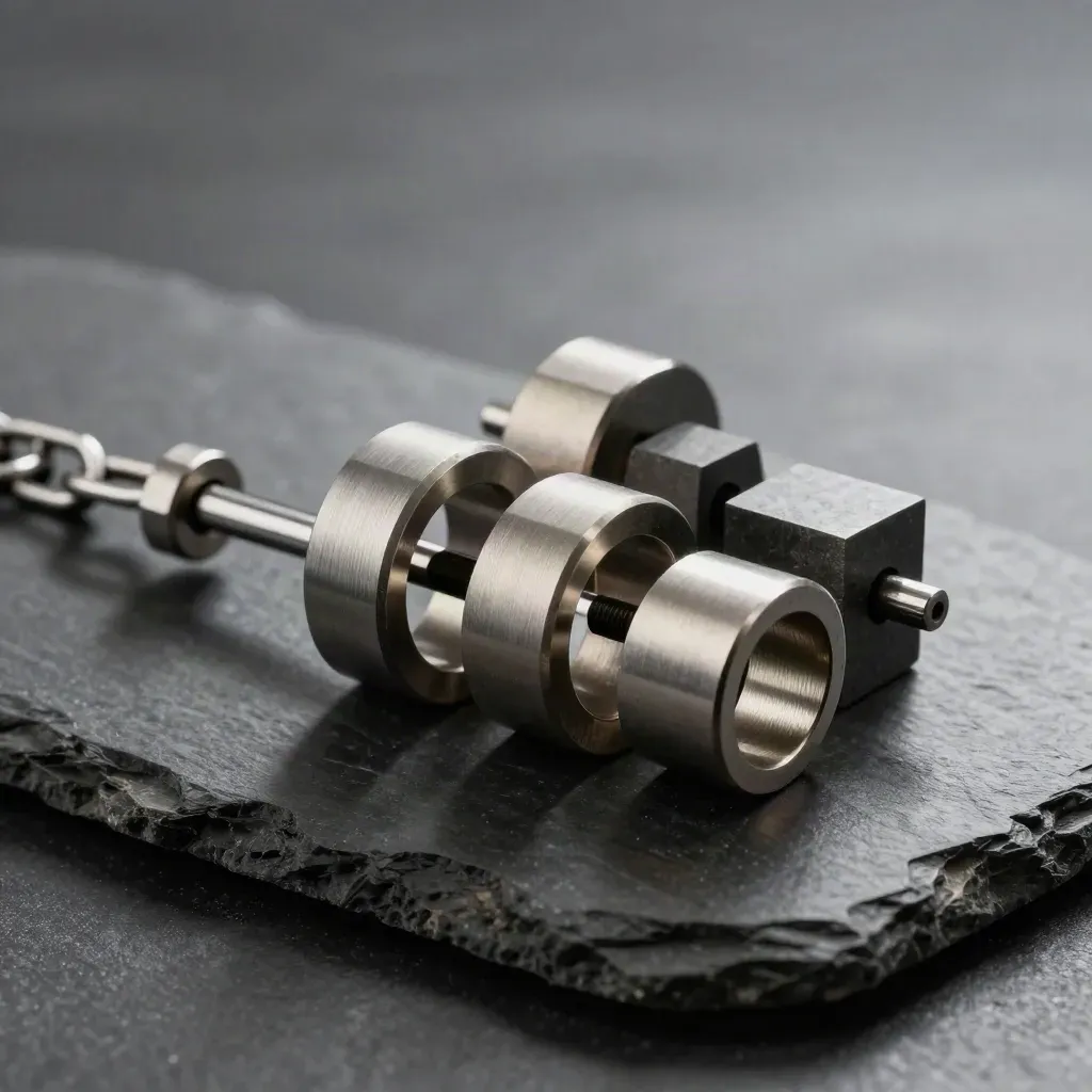 Brushed metal rings, blocks, and couplers on black stone in dramatic light