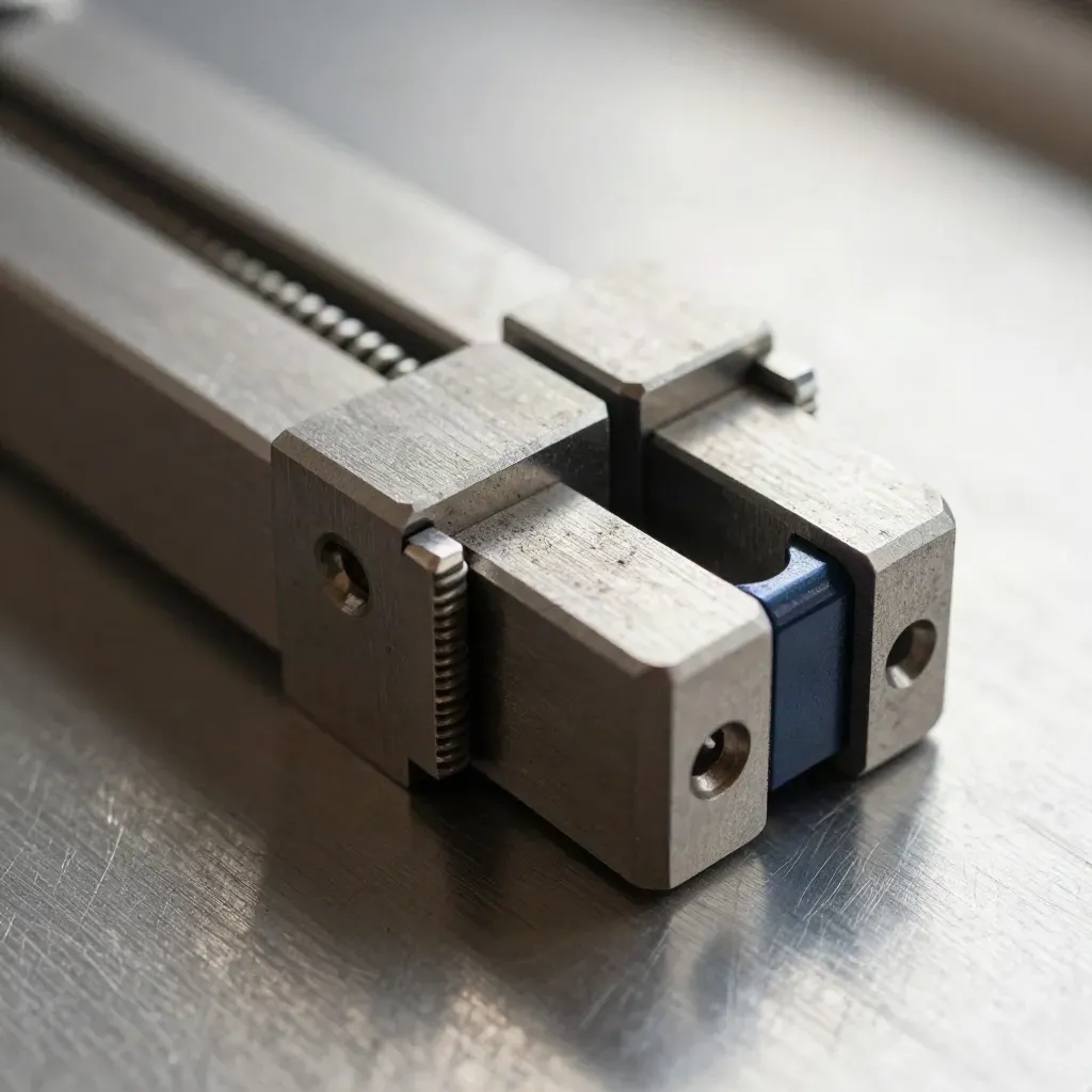 Overhead macro of machined blocks, spring clips, and dovetail rails locked on brushed steel.