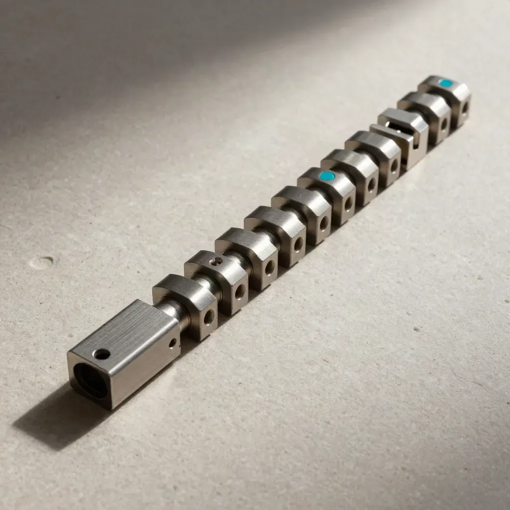 Top-down still life of aligned connector modules and spacer bars on pale stone with cyan accent.