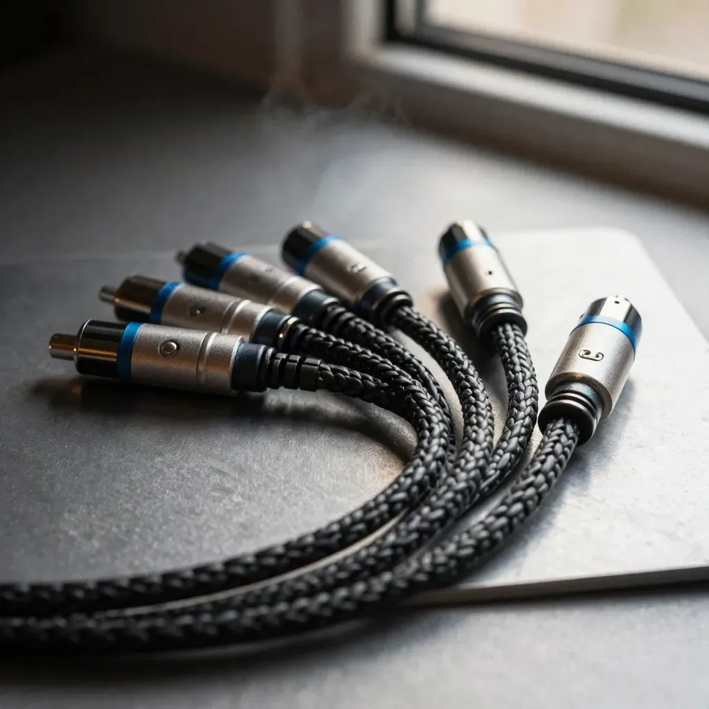 Braided cables and sensor pucks on matte metal with mist and blue accent