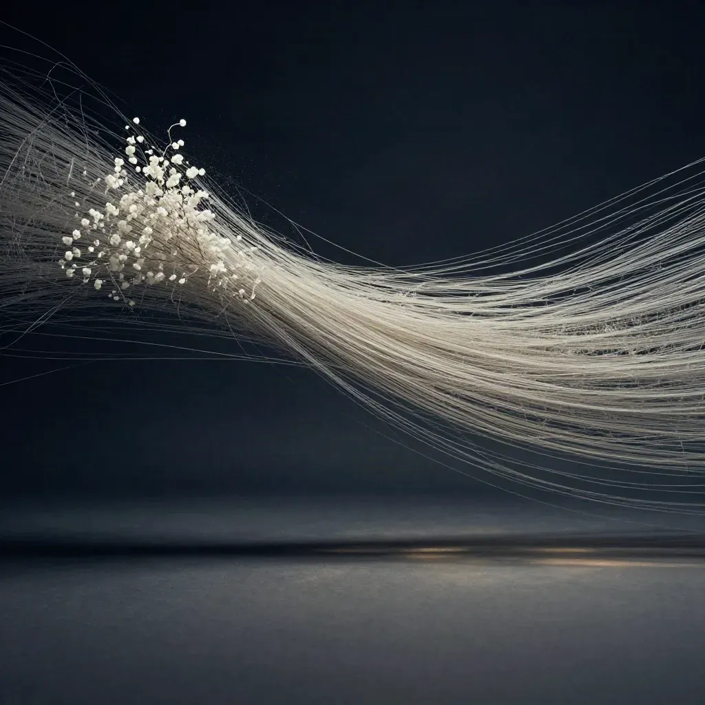 Silver light filaments converge into a soft bloom in a dark graphite void.