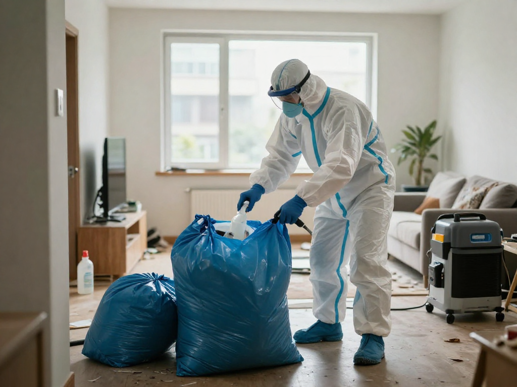 Tatortreinigung in Dortmund von professionellen Technikern mit Biohazard-Ausrüstung in einem modernen Wohnbereich.