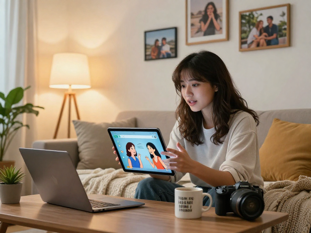 Engaging with girlfriend AI on a tablet in a cozy apartment.